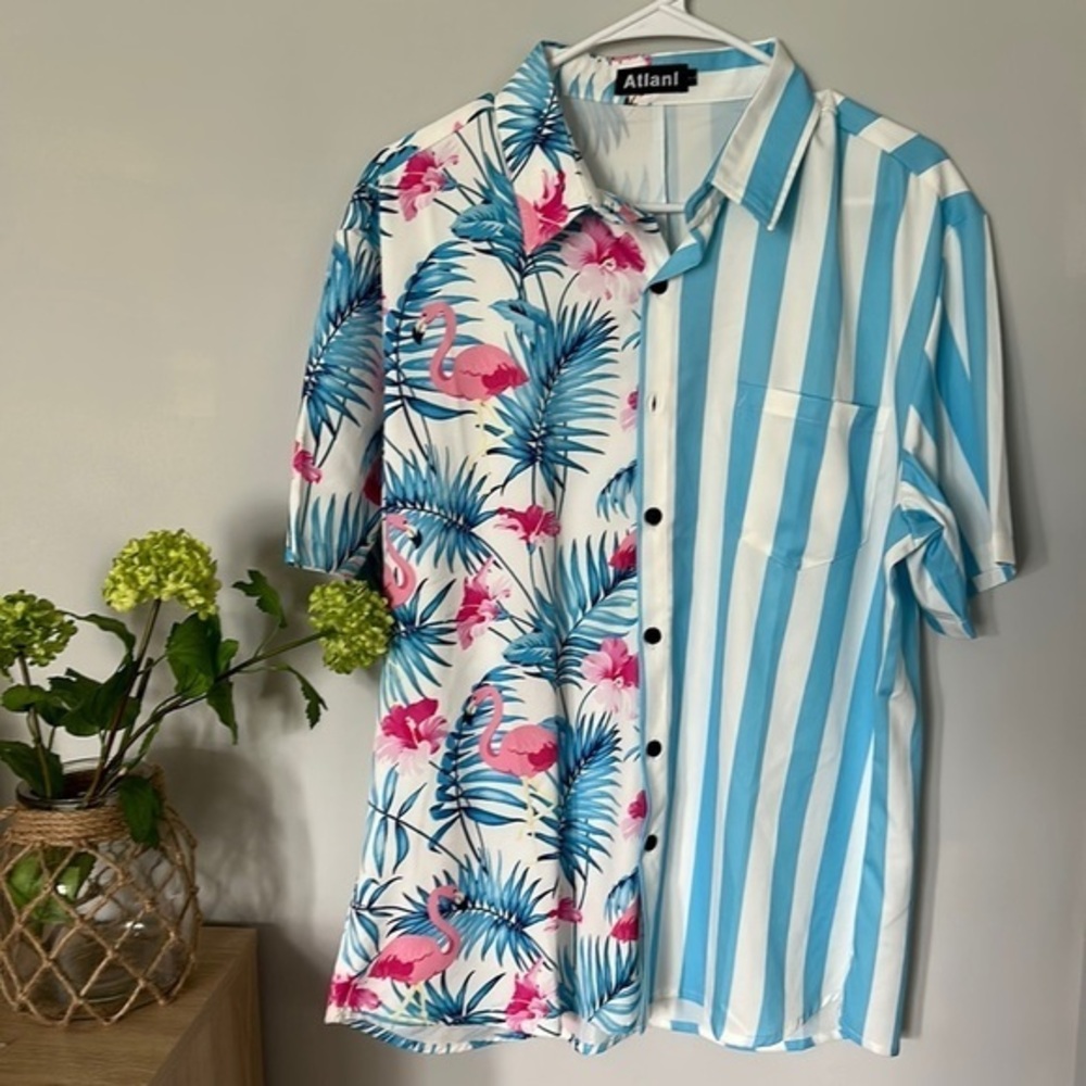 Atlanl men’s vacation flamingo stripe button down shirt size large  ZAFUL NWOT